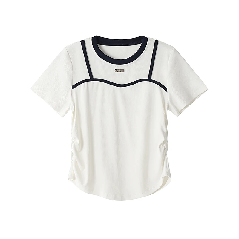 正肩短袖T恤女夏季新款ins潮设计感休闲显瘦收腰百搭短款上衣2124