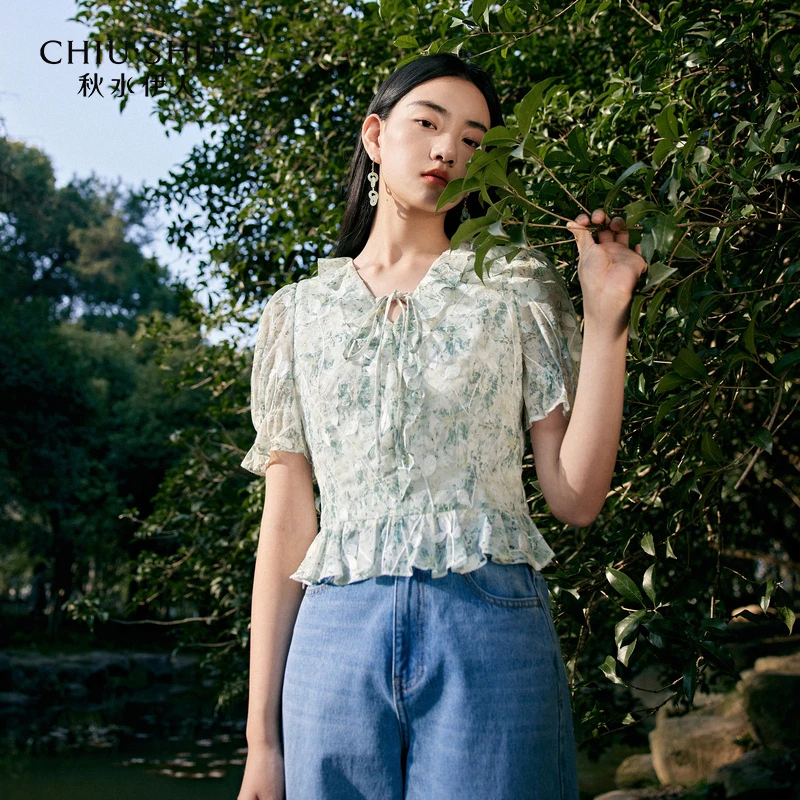 【直播】秋水伊人荷叶边V领提花雪纺衫女装蕾丝衫623204A050186