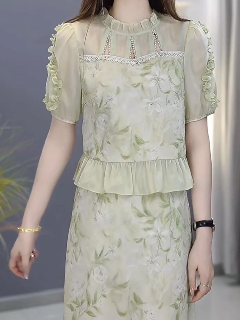 【上衣+半身裙】B889浅绿色优雅气质时尚减龄休闲显瘦两件套连衣裙