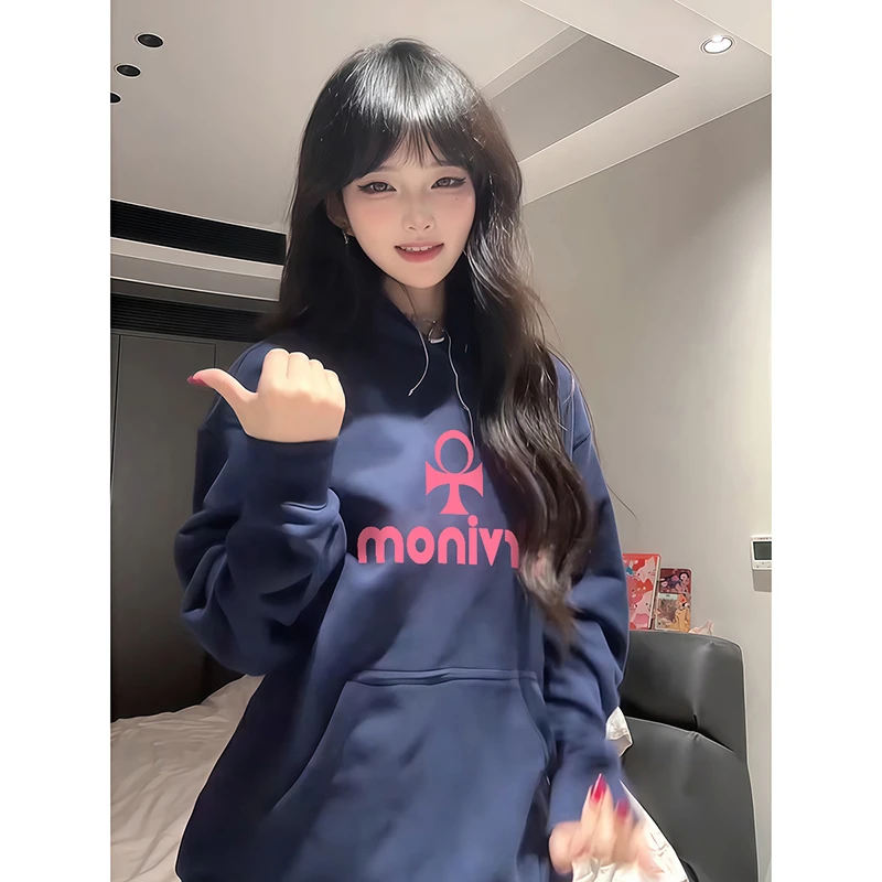 美式简约百搭字母印花连帽卫衣女2025秋季新款oversize休闲上衣潮