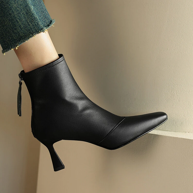 7cm~复古方头细跟短靴女2025冬新款后拉链高跟真皮瘦瘦靴子裸靴女