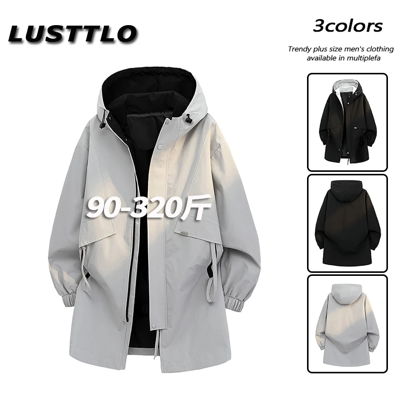 潮牌男装大码简约休闲连帽工装夹克男士中长款风衣外套长款外衣