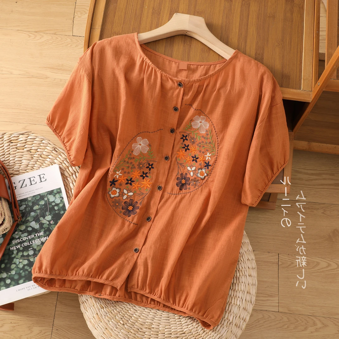 2025夏季文艺复古刺绣排扣圆领衬衫四道砂洗进口单穿短袖外套小衫
