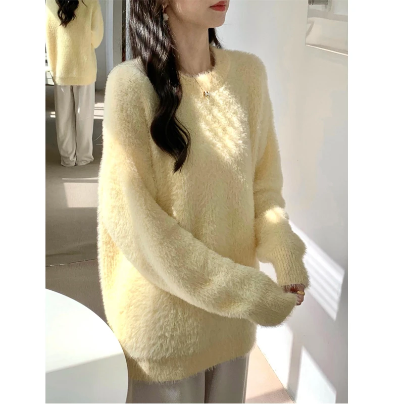 宽松奶呼呼毛衣女韩版上衣慵懒风圆领百搭外穿秋冬针织衫厚高级感