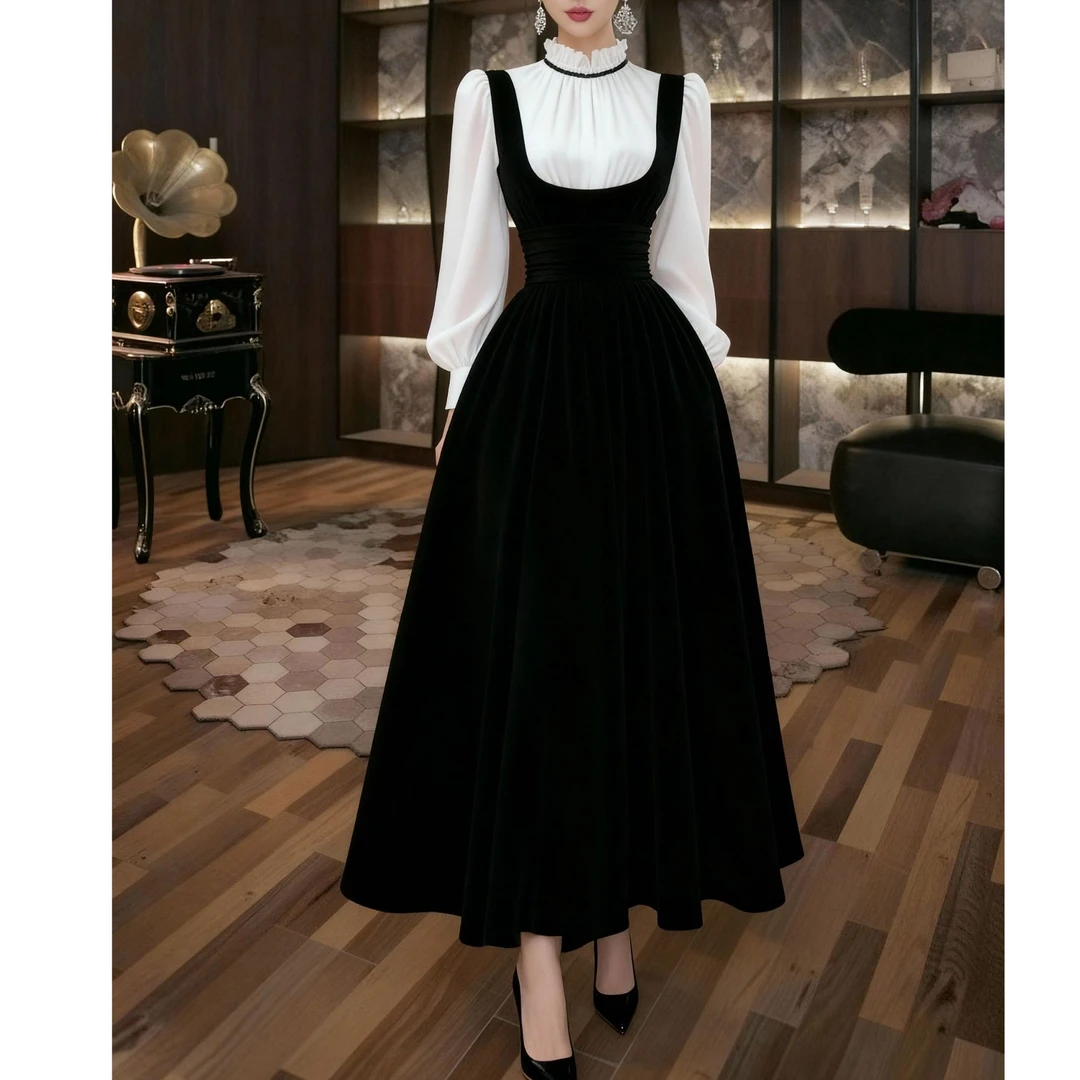 六爻定制 修身拼接显瘦气质长袖轻奢法式名媛宴会连衣裙 419999