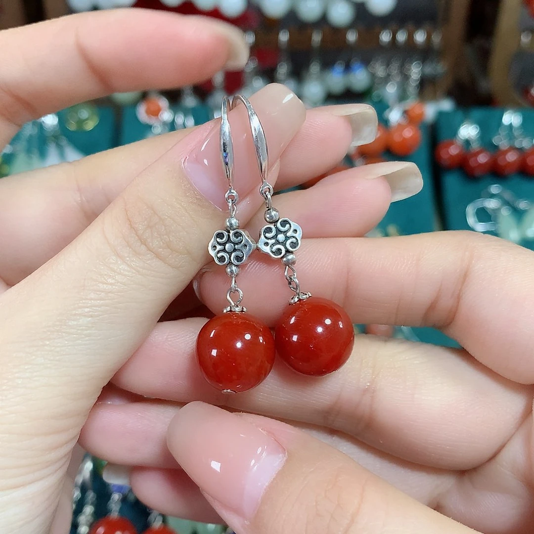 玛瑙/玉髓耳饰银S925镶嵌天然红玛瑙12mm左右（锦红）