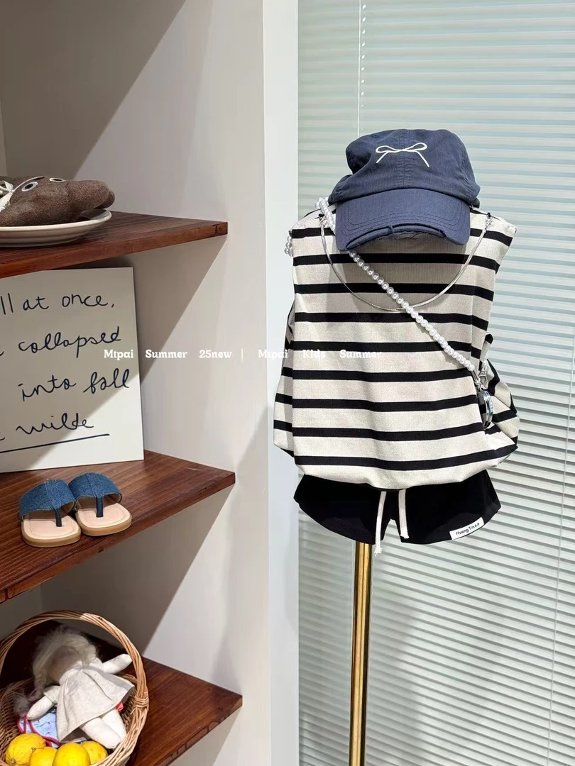 2025夏女童条纹背心+修身短裤两件套洋气夏装套装