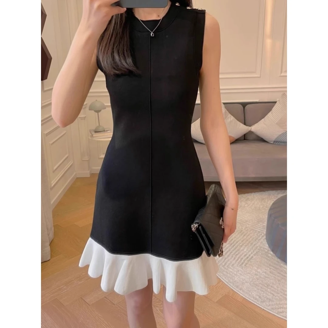 法式气质显瘦荷叶摆拼接无袖针织裙夏装新款高级感淑女背心连衣裙