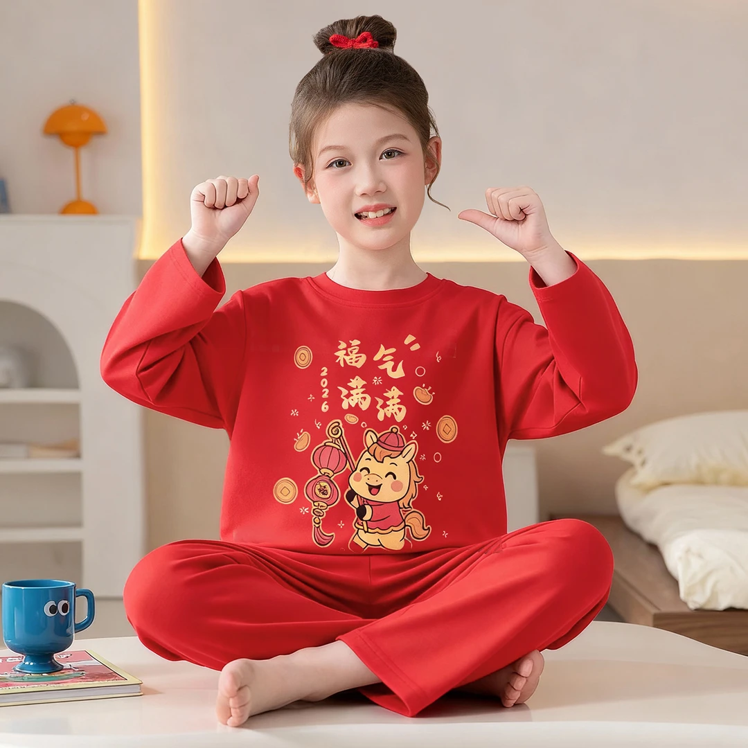 新年纯棉长袖女童家居服套装春秋红色卡通洋气本命年新款睡衣套装