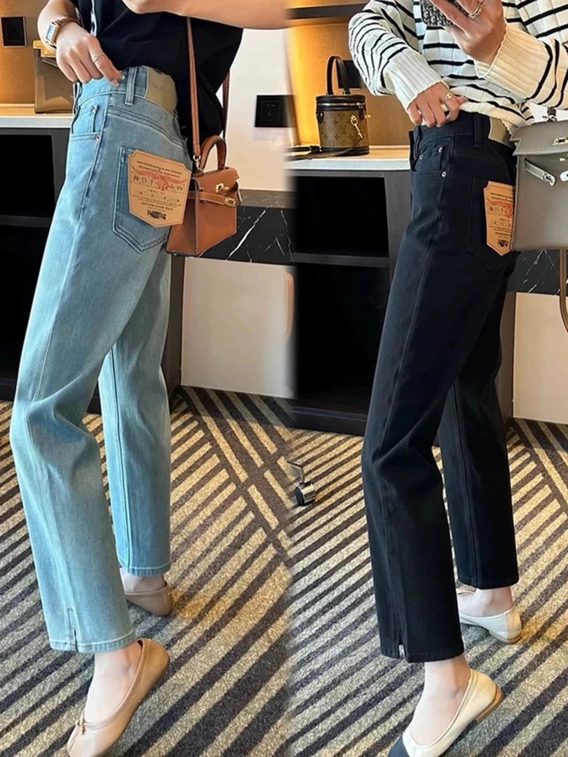 梨形百搭莱赛尔天丝直筒法棍牛仔裤女夏季薄款大码显瘦开叉九分裤