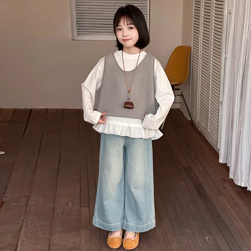 女童春秋时髦套装毛衣背心6-12岁中大童韩版牛仔阔腿裤洋气三件套