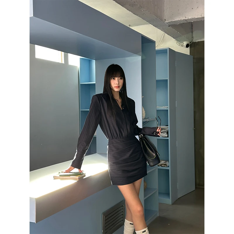 VENUIE【摩登收藏家】藏蓝色条纹衬衫裙女修身显瘦时尚连衣裙01038