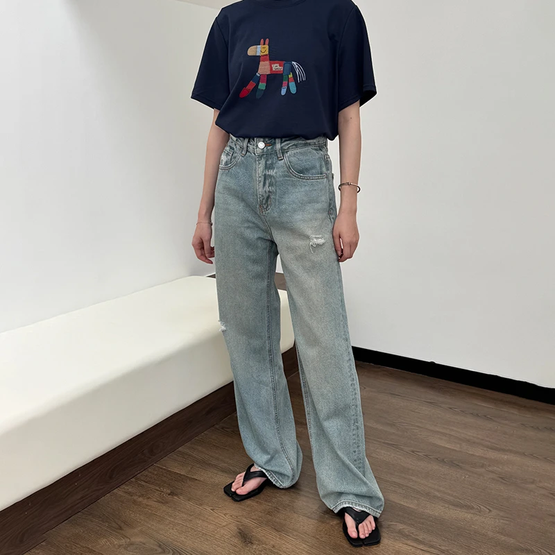 显瘦洗水蓝复古磨边做旧破洞牛仔裤百搭宽松薄款