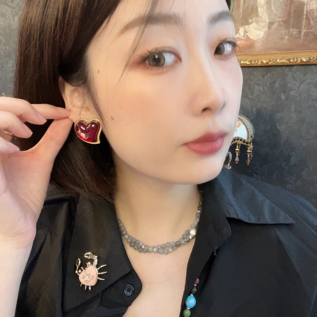 黄铜琉璃925银爱心耳饰