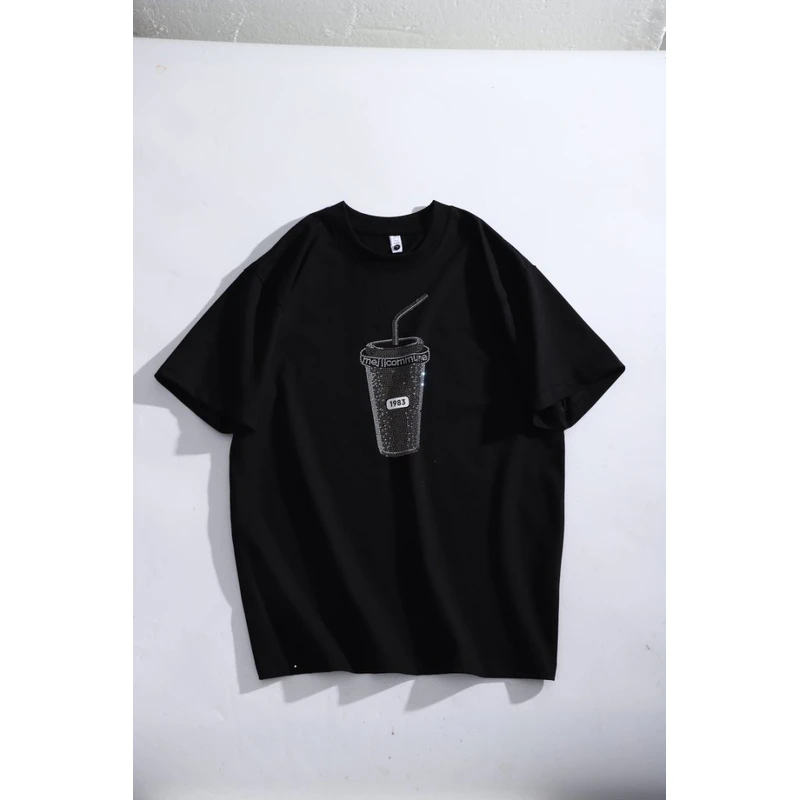 W808重磅重工烫钻水杯短袖T恤男女同款情侣半袖上衣
