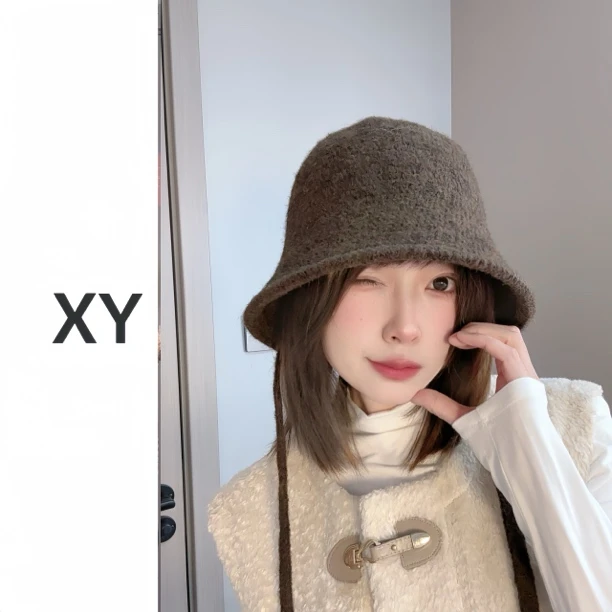 秋冬季复古绑带针织渔夫帽女纯色时尚百搭保暖素颜显脸小盆帽