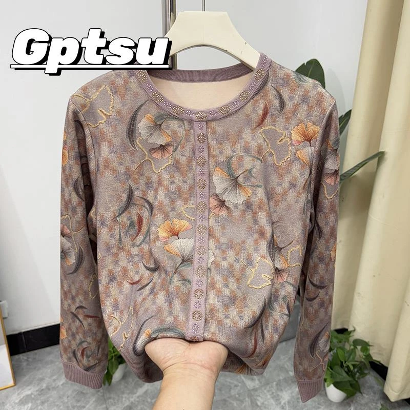 GPTSu妈妈秋装针织上衣洋气碎花长袖T恤女小衫中老年打底衫春秋季