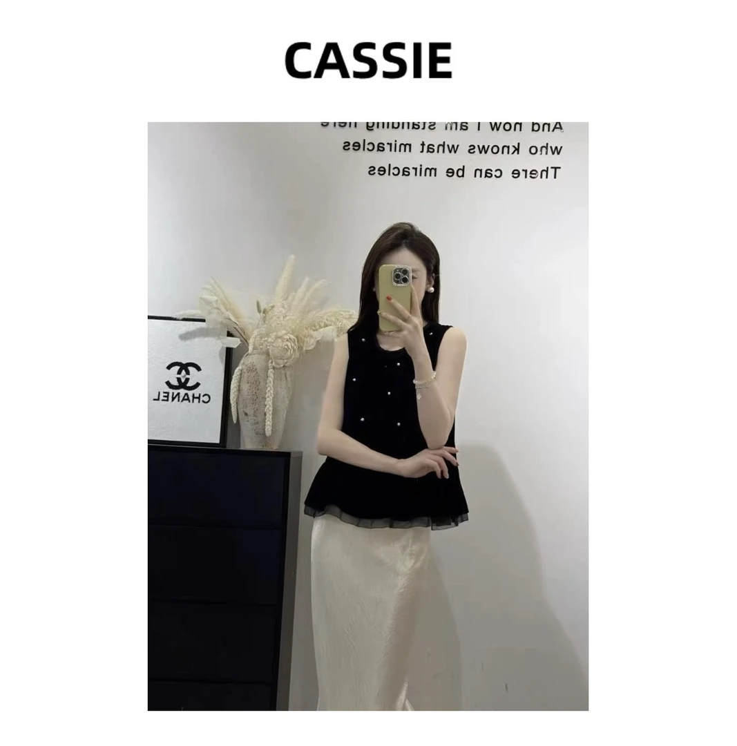 CASSIE时尚圆领钉珠拼接丝绒褶皱显瘦背心上衣