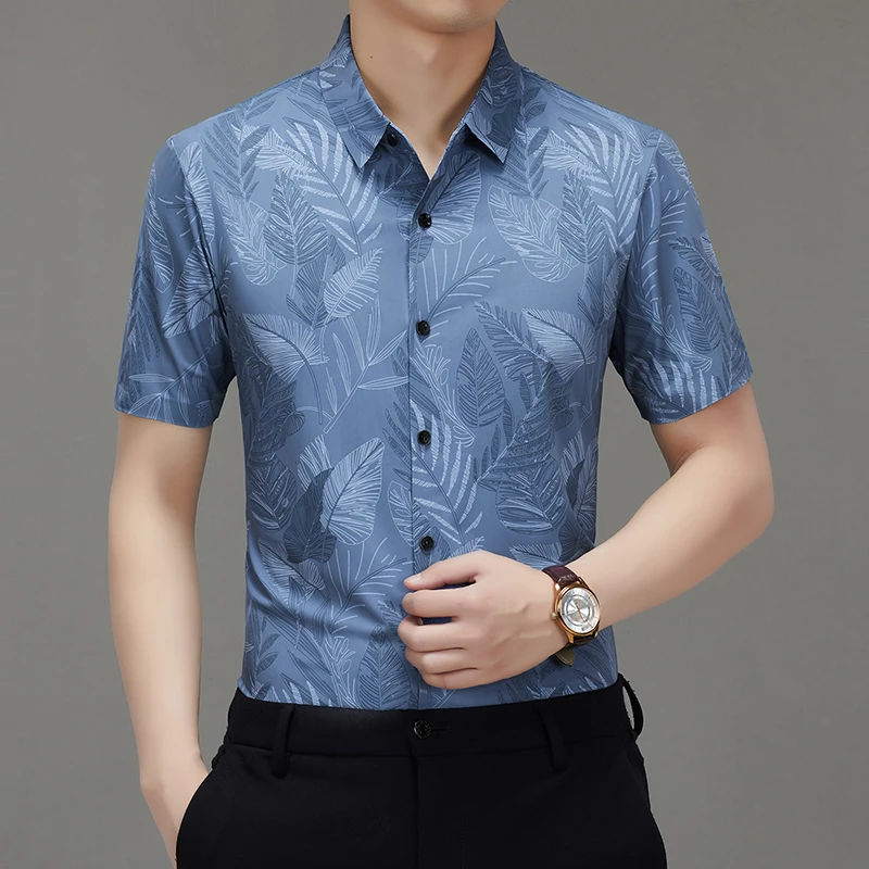 [桑蚕丝]品牌短袖衬衫男士薄款休闲无痕免烫半袖