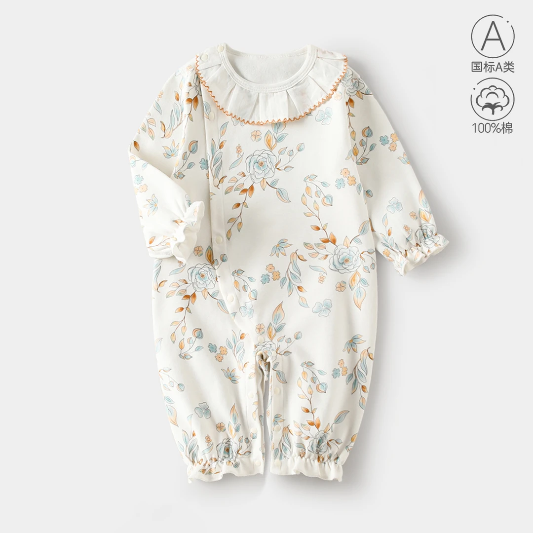 婴儿衣服春秋a类纯棉女宝宝无骨连体衣公主长袖外出哈衣秋装爬服