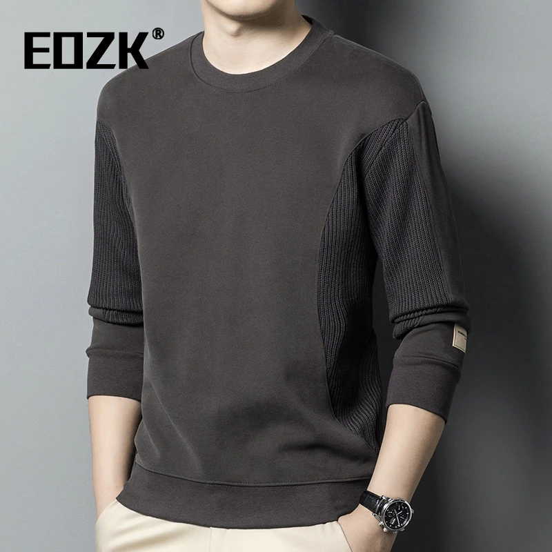 Eozk百搭潮流休闲长袖T恤男2025秋季新款圆领拼接宽松爸爸装上衣