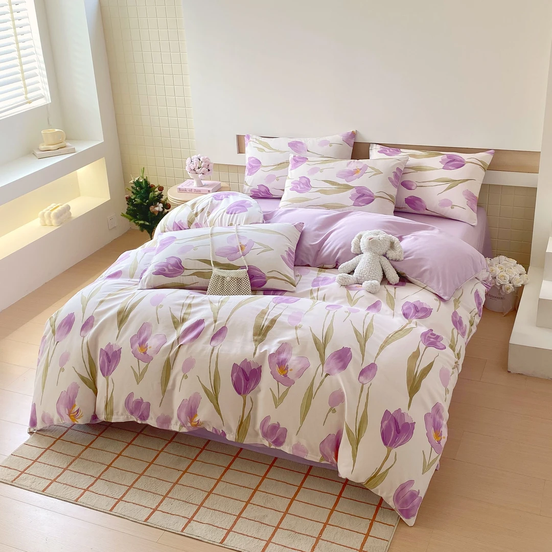 奇益峰木槿系列全棉印花四件套简约小清新亲肤柔软