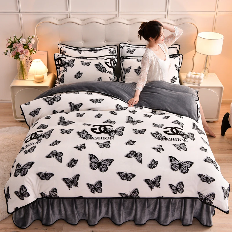 新款8-9斤加厚牛奶绒四件套床裙款秋冬季加绒厚1.8×200牛奶绒套件