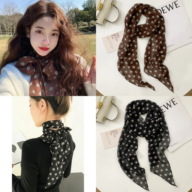 韩系复古美拉德焦糖色波点丝巾高级氛围感气质长条领巾早春薄围巾