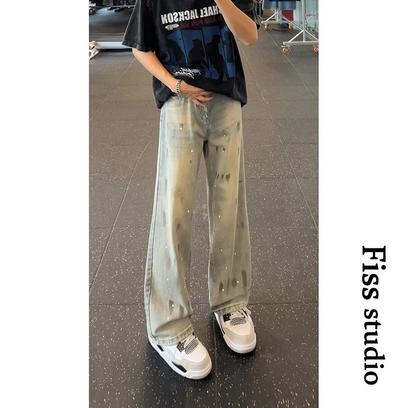 美式复古泼墨扎染猫爪痕牛仔裤男款vintage水洗裤子宽松直筒长裤