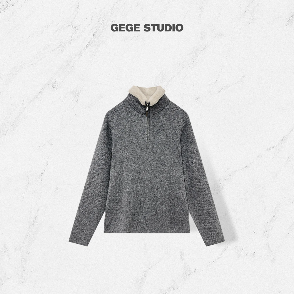 【格格】慵懒风立领长袖纯色半拉链百搭针织衫