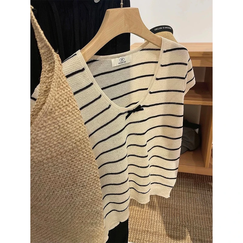 【条纹蝴蝶结】韩系条纹蝴蝶结U领针织短袖T恤