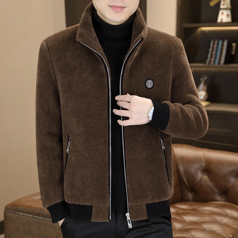 立领毛呢外套男潮流休闲仿貂绒夹克短款仿皮草加绒加厚款呢子大衣
