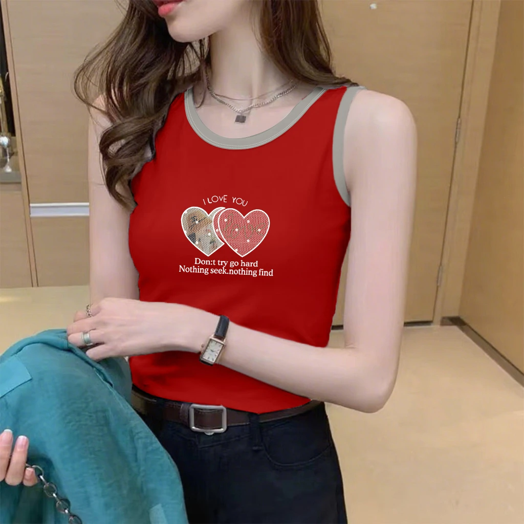 100%纯棉圆领背心吊带女士美式百搭款夏季新款无袖恤印花上衣韩