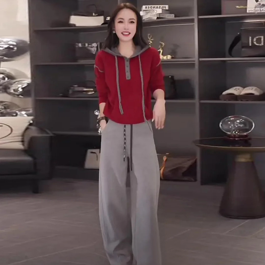 休闲时尚套装女秋季新款洋气减龄纯色长袖卫衣灰色阔腿长裤两件套