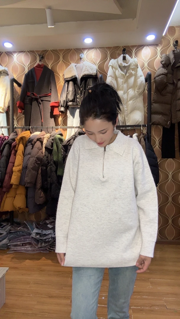 韩尤简同款百搭休闲针织羊毛方领拉链毛衣