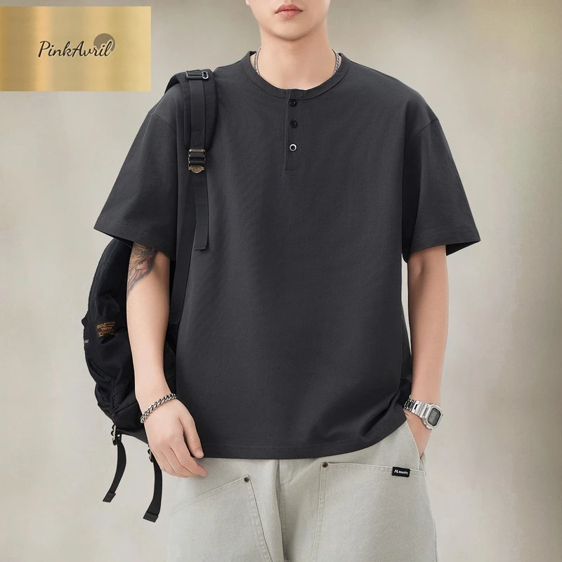 PinkAvril童先森短袖T恤男2025夏季新款新中式亨利领纯色休闲男士
