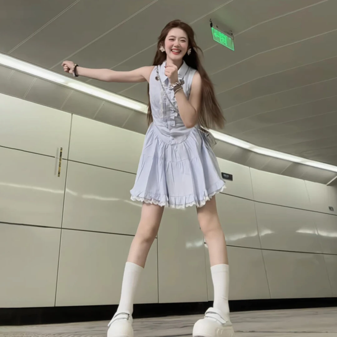 法式蓝色无袖背心衬衫连衣裙子女夏季2026新款绝美巨好看掐腰短裙