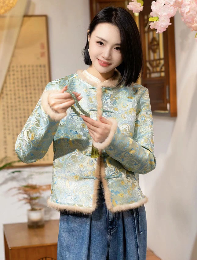 缠枝花宋锦毛毛夹棉外套