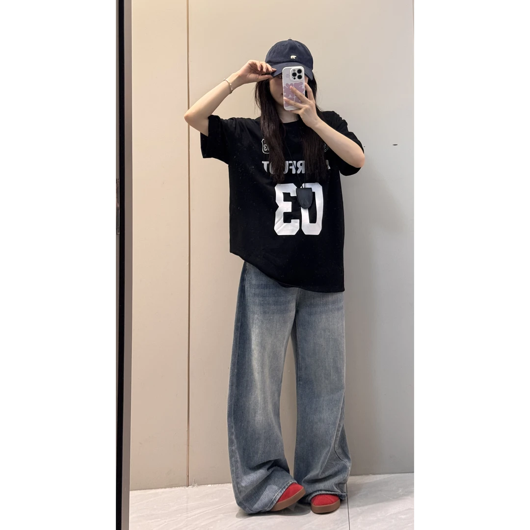 夏季新款女装重磅纯棉T恤宽松休闲百搭数字印花圆领短袖上衣女