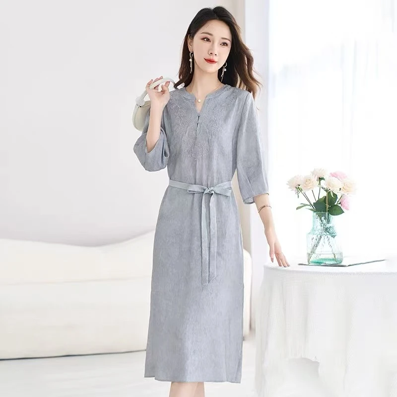 夏季新款桑蚕丝亚麻混纺长款纯色连衣裙82599526