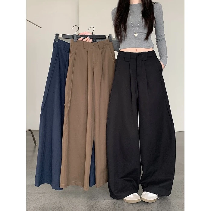 复古黑色阔腿休闲裤女秋季宽松直筒裤小个子百搭显瘦裤子拖地长裤