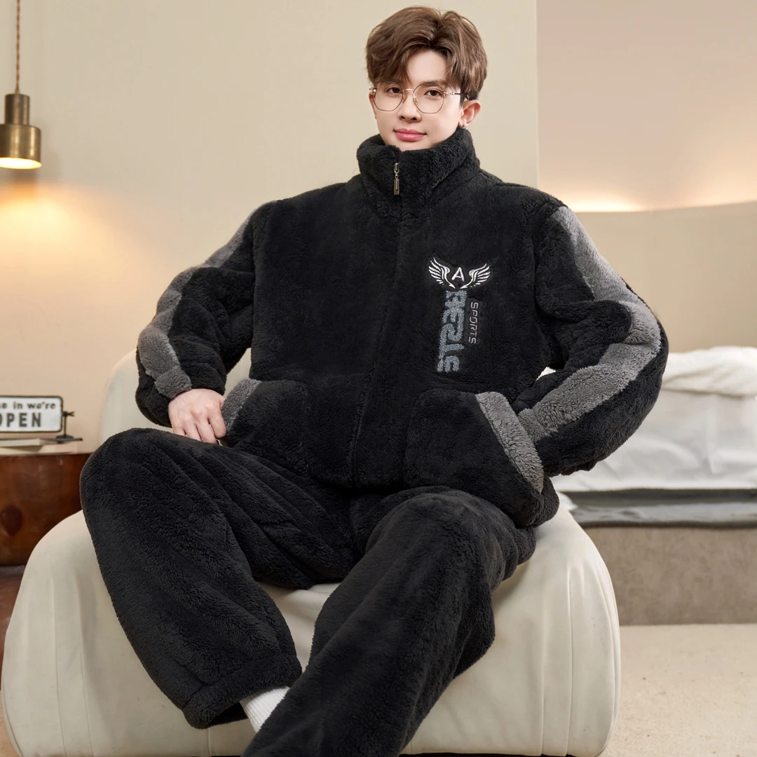 睡衣男秋冬季加绒加厚珊瑚绒加肥大码男士法兰绒家居服套装可外穿