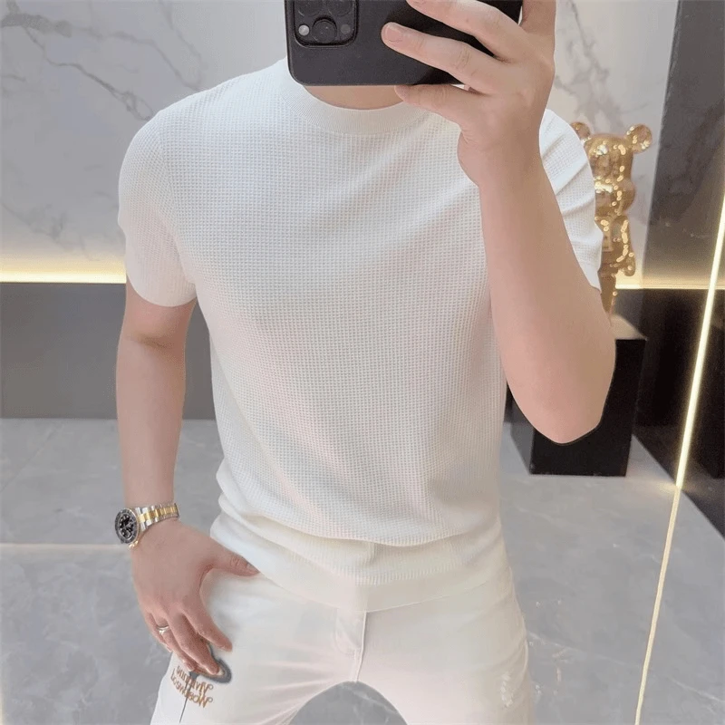 2025欧货轻奢夏季男士针织冰丝短袖T恤纯色时尚潮流百搭半袖上衣