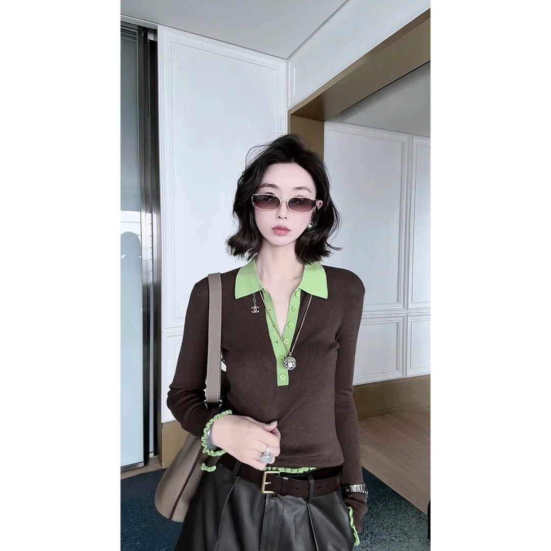 欧洲站拼色翻领长袖针织衫女2025秋冬款修身显瘦气质百搭polo上衣