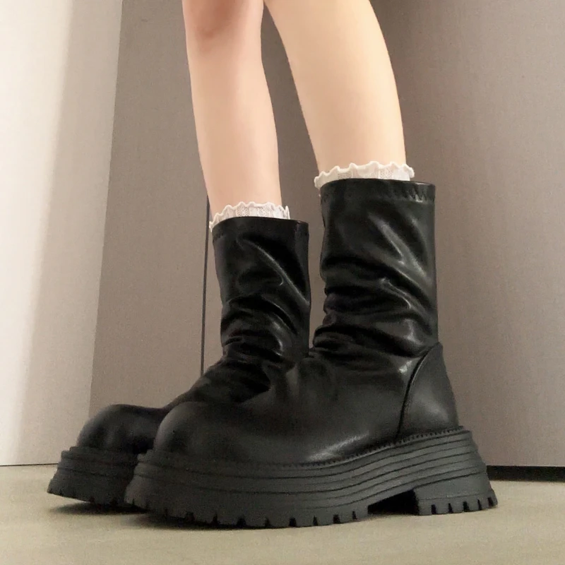 显腿细~马丁靴女2025秋冬新款英伦风粗跟弹力褶皱瘦瘦堆堆短靴子