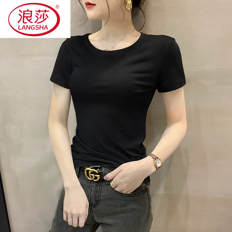 浪莎夏季百搭小圆领紧身短袖T恤显瘦2025女半袖黑色新款显瘦
