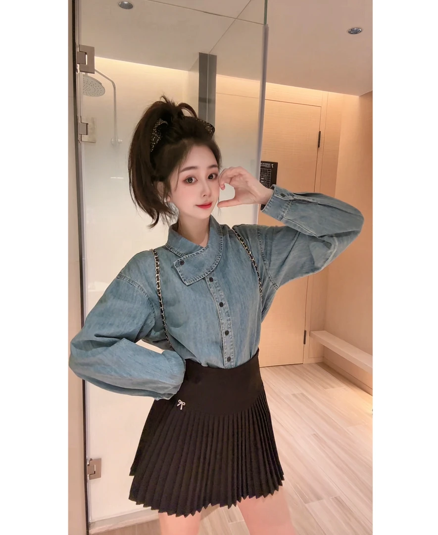 2025早春新款复古清新百搭衬衫领水洗牛仔衬衫