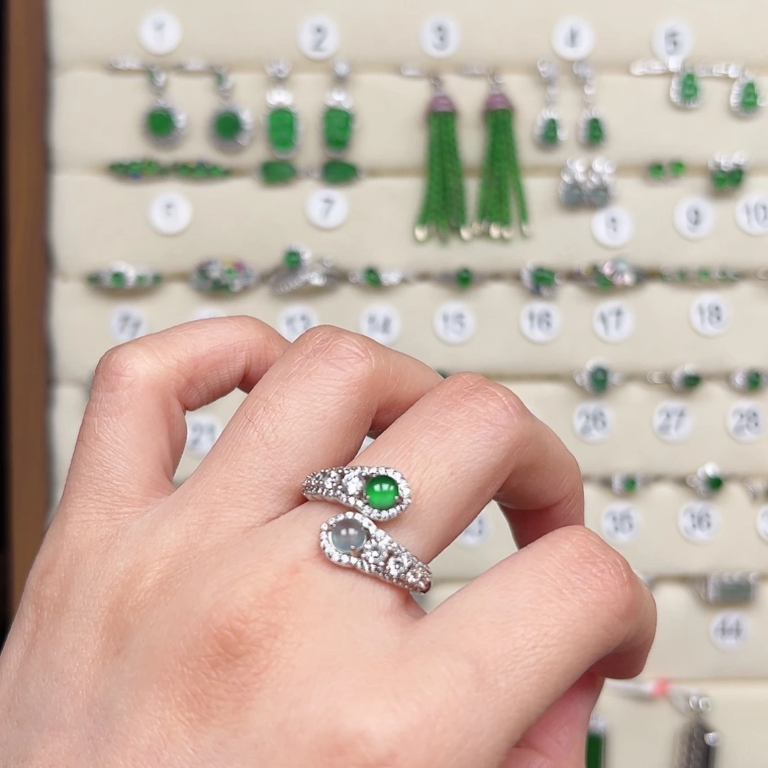 翡翠银S925镶嵌戒指天然