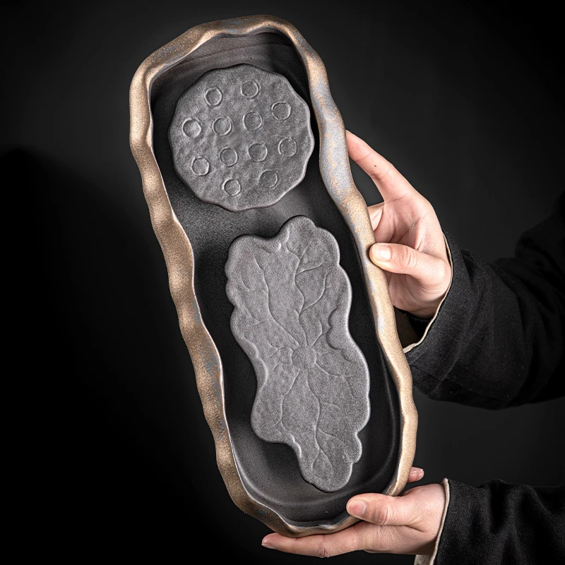 简约粗陶干泡茶台储水养花小茶盘家用现代轻奢托盘小型泡台干泡盘