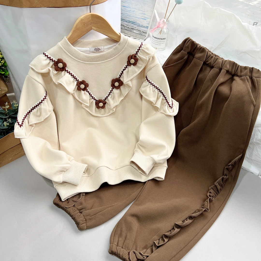 泡泡噜童装儿童女孩卫衣套装咖色杏色花边拼接